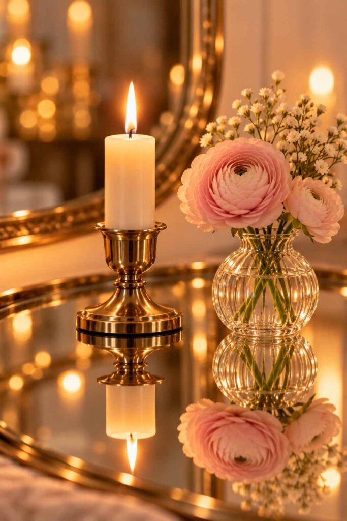Mirrored tabletop reflecting candlelight and a glass vase, showing how glass doubles the glow.