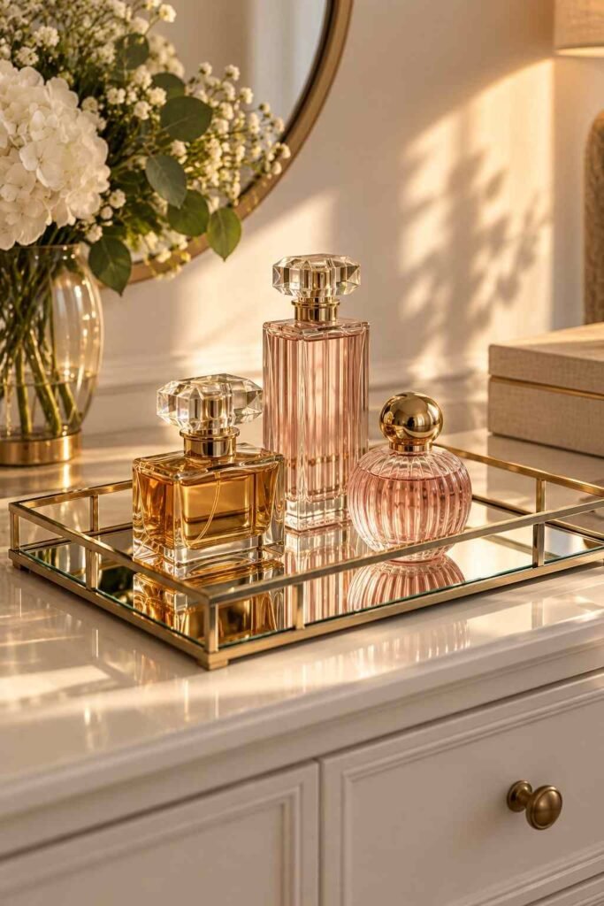 Mirrored tray holding three perfume bottles of different heights on a dresser.