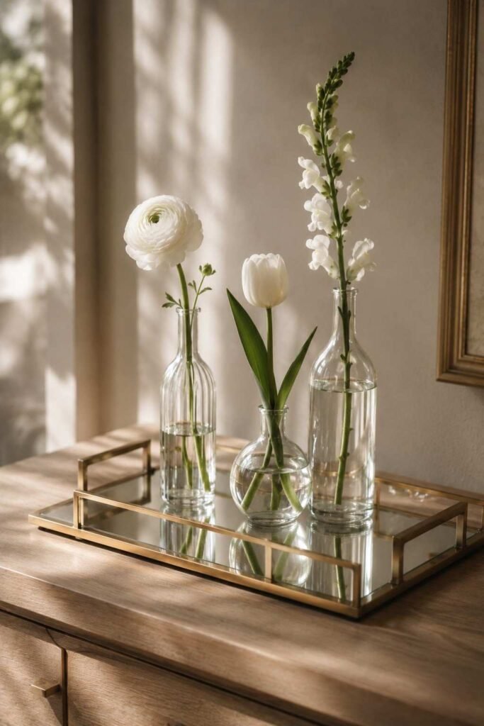 27 Chic Mirror Table Decor with Fresh Flowers Ideas for Home, Weddings, and Parties 5 Three bud vases with single flower stems arranged on a mirrored tray on a wooden sideboard