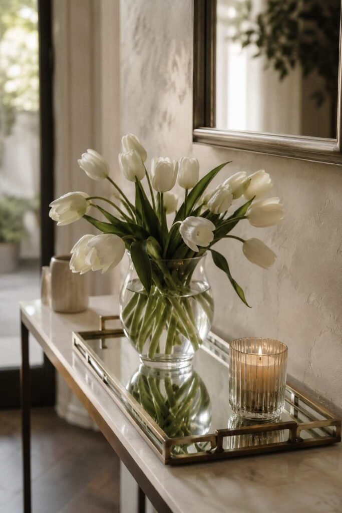 27 Chic Mirror Table Decor with Fresh Flowers Ideas for Home, Weddings, and Parties 2 White tulips in a glass vase on a mirrored tray, their reflection doubling the bouquet on an entryway table