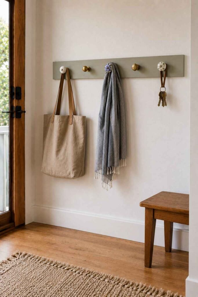 30 Smart Entryway Organization Wall Ideas: for Hooks, Shelves & Storage 8 Painted board with mismatched vintage knobs used as coat hooks holding a tote and scarf