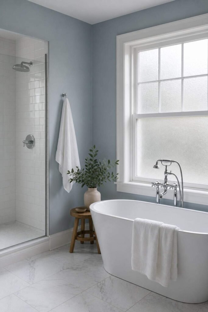 Bathroom with misty blue-gray walls, white tile and chrome fixtures