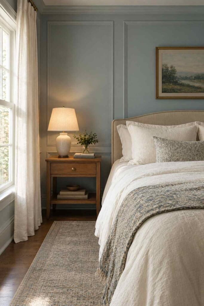 Misty slate blue bedroom wall with ivory bedding and picture-frame molding.