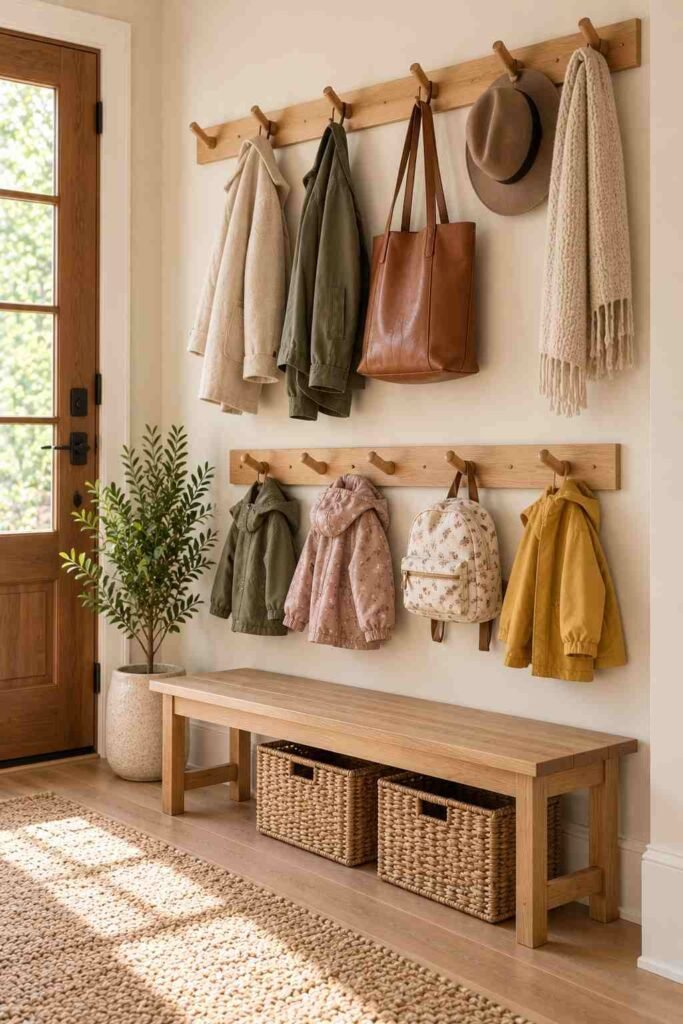 Low and high hooks in a family entryway so children can hang their own jackets and backpacks