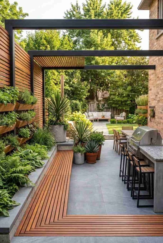 Modern patio combining concrete, wood, matte black, and greenery around a grill island.