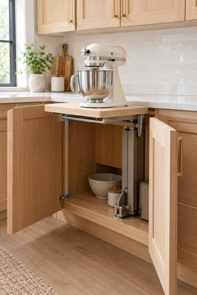 Mixer lift shelf raising a stand mixer to counter height from a base cabinet