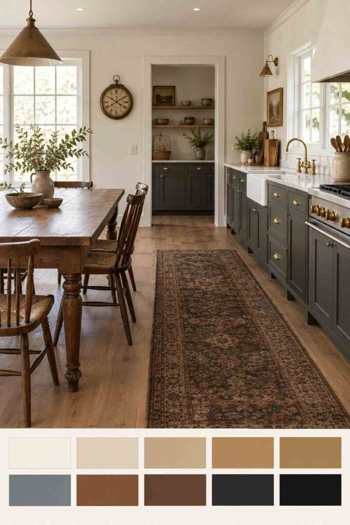 Modern kitchen mixing antique brass and walnut with a warm color palette strip below