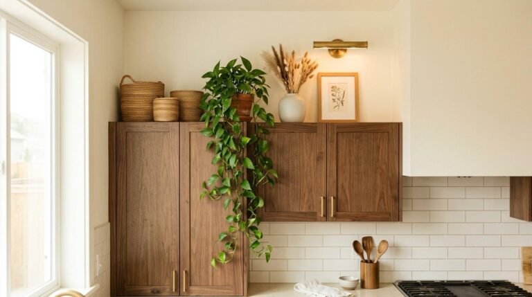 Warm modern kitchen with baskets, plants and ceramics styled above walnut cabinets
