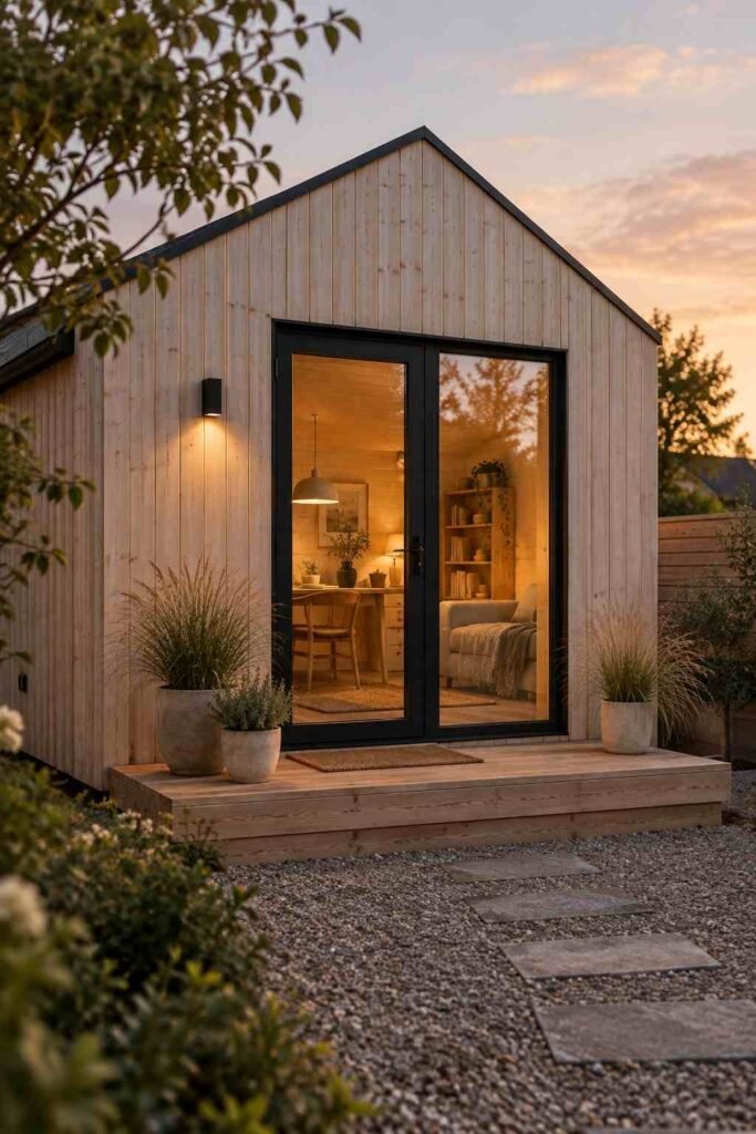 Backyard shed house with timber cladding and glass door glowing warmly at dusk.
