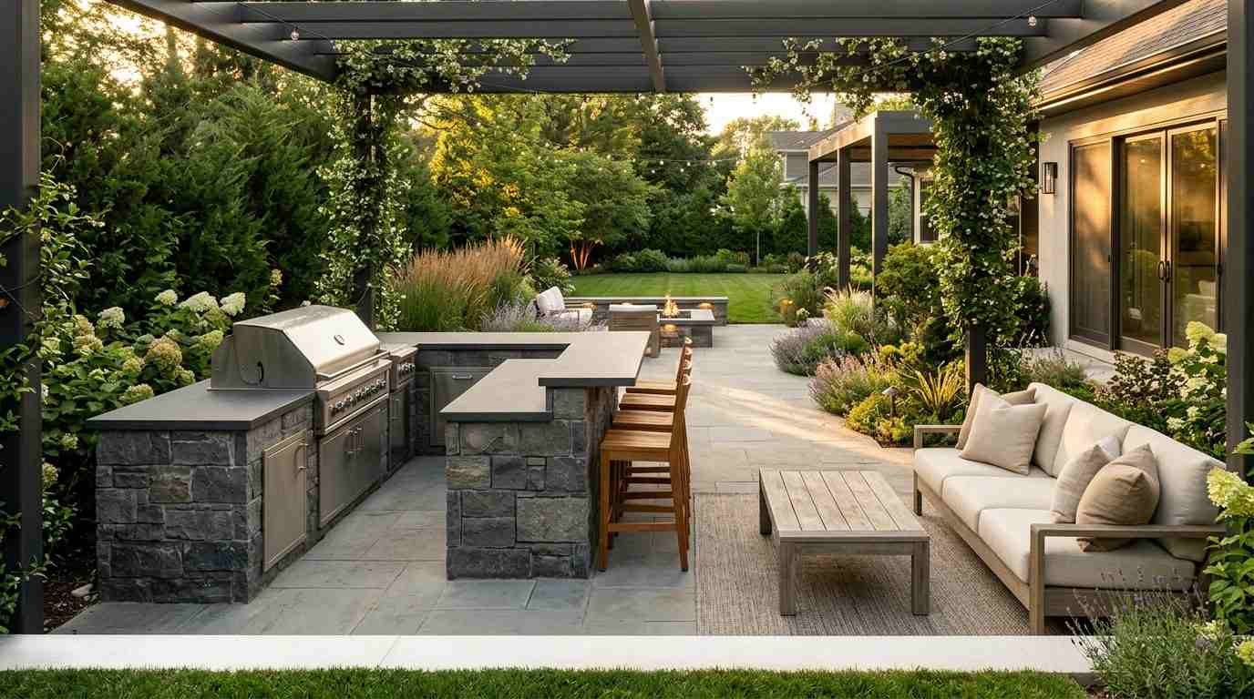30 Modern Grill Backyard Patio Ideas for Outdoor Entertaining with stone and steel island, wood stools