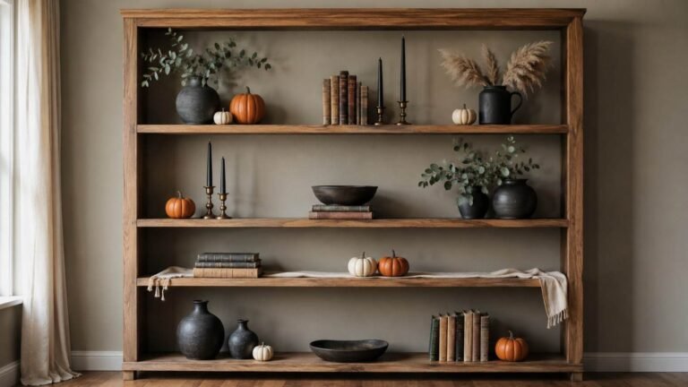 Oak bookcase with modern Halloween shelf styling in charcoal, burnt orange, and cream