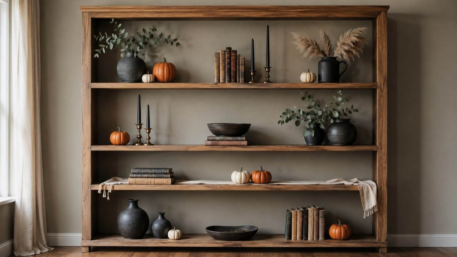 Oak bookcase with modern Halloween shelf styling in charcoal, burnt orange, and cream