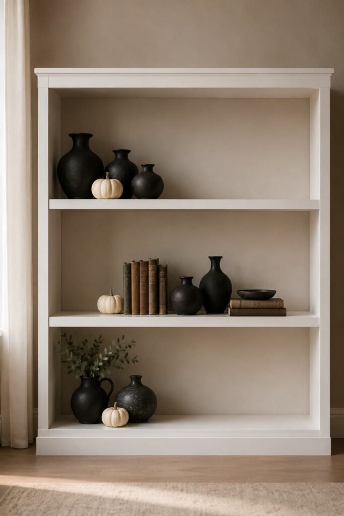 28 Modern Halloween Shelf Styling Ideas That Look Stylish, Not Scary: A Chic, Spooky Home 2 Bookcase showing modern Halloween shelf styling with grouped decor and one-third of each shelf left empty.