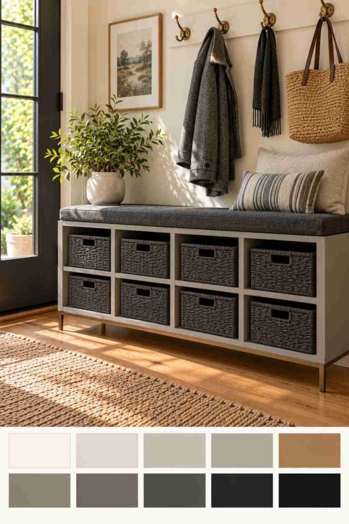 Soft gray Kallax shelf with charcoal cushion top, baskets and brass hooks, with monochrome color palette strip below.