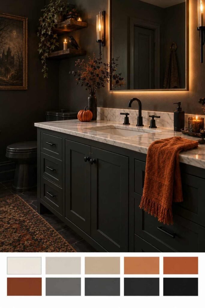 Modern muted Halloween bathroom with charcoal walls and burnt orange accents, with a color palette strip below