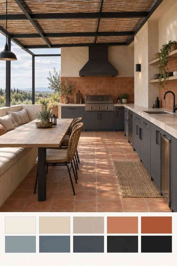 Semi-Outdoor Kitchen Ideas: 30 Covered Designs for Patios, Porches, and Balconies 13 Modern semi-outdoor kitchen in warm white, slate grey, and terracotta with a color palette strip below