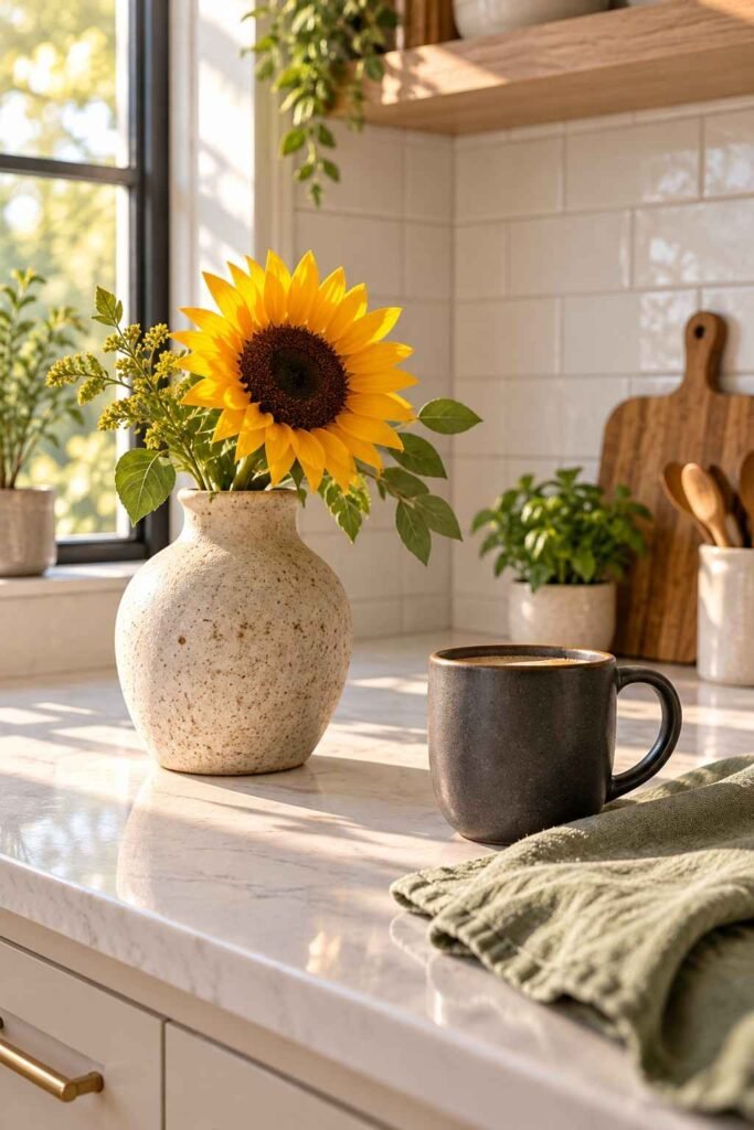 30 Sunflower Kitchen Decor Ideas Modern: From Wall Art to Backsplash Tile 2 Single sunflower in a speckled vase on a modern kitchen counter in morning light.
