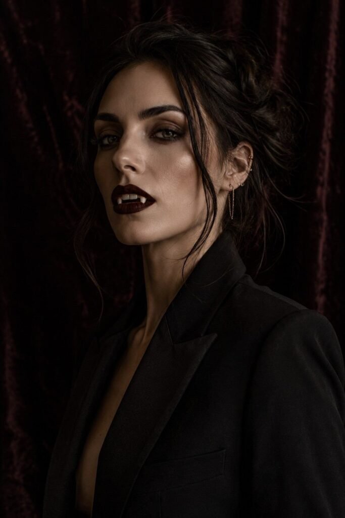 Modern vampire look with black blazer and burgundy lips