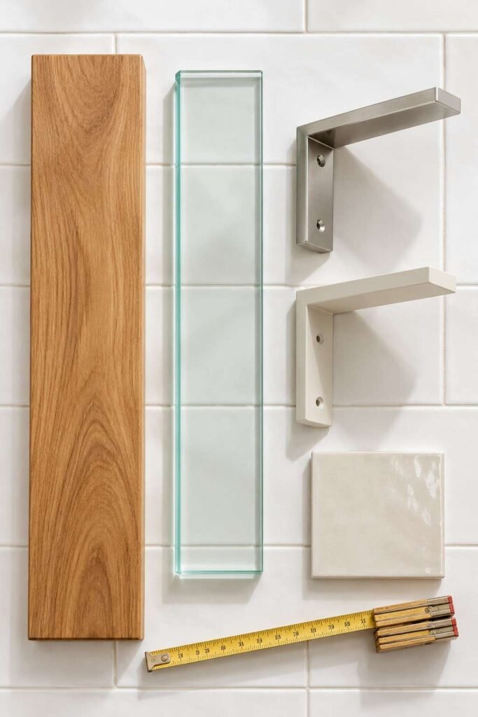 Samples of teak, tempered glass, stainless steel, and tile used for moisture-resistant bathroom shelves.