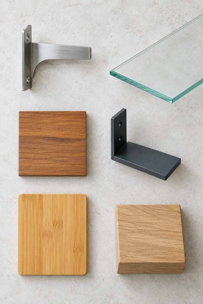 Flat lay of stainless steel, glass, teak, bamboo and powder-coated metal samples suited to humid bathrooms