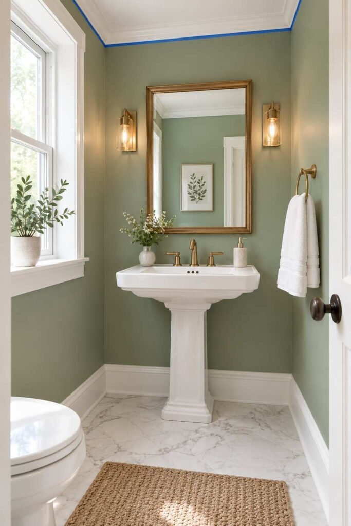Small bathroom painted in sage green moisture-resistant paint with white trim and pedestal sink.