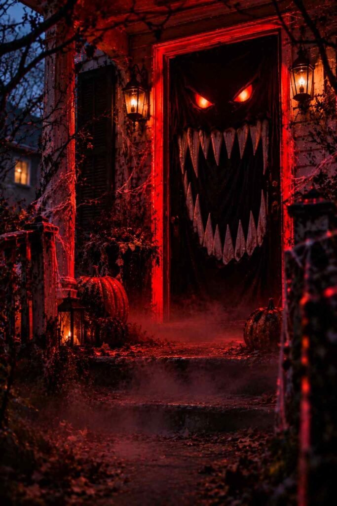 Monster mouth Halloween front door with foam teeth and glowing eyes.