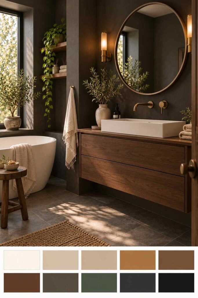 Moody Nordic bathroom with charcoal walls, walnut vanity and brass lighting, with a ten-color swatch strip below