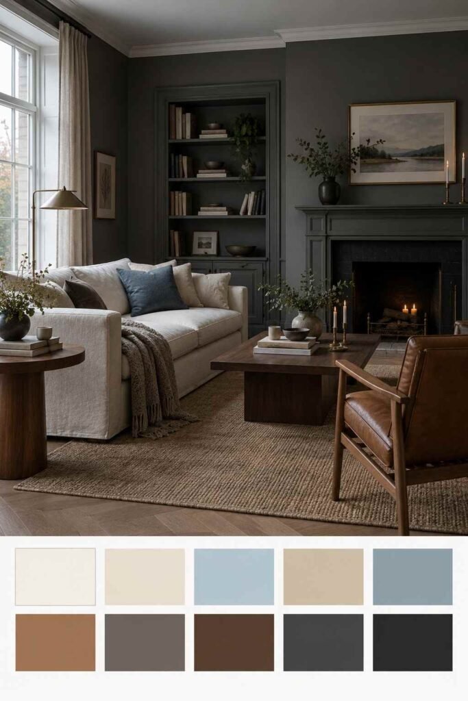 North-facing dark Scandinavian living room with deep grey walls, walnut table, and a ten-color palette strip
