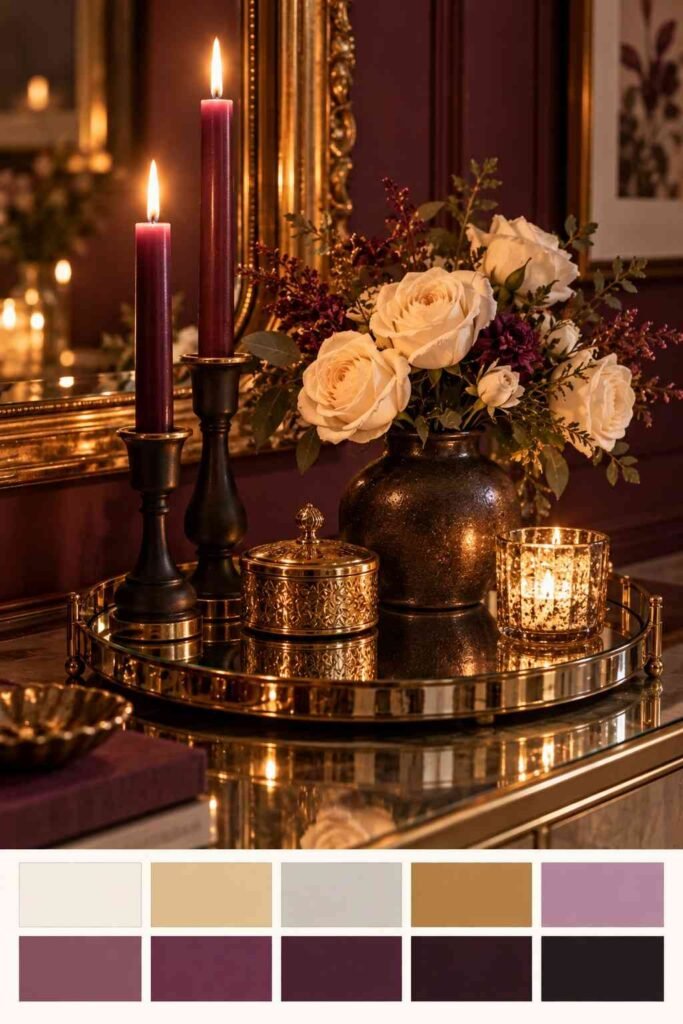 Moody romantic mirror table decor with plum candles and antique gold, with a color swatch strip below.