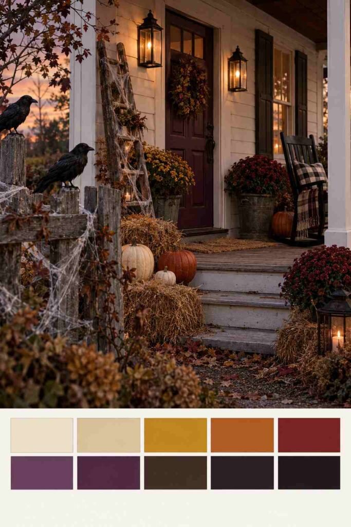 Moody farmhouse porch with crows and cobwebs at twilight, with a 10-swatch plum, mustard, and barn red palette strip.