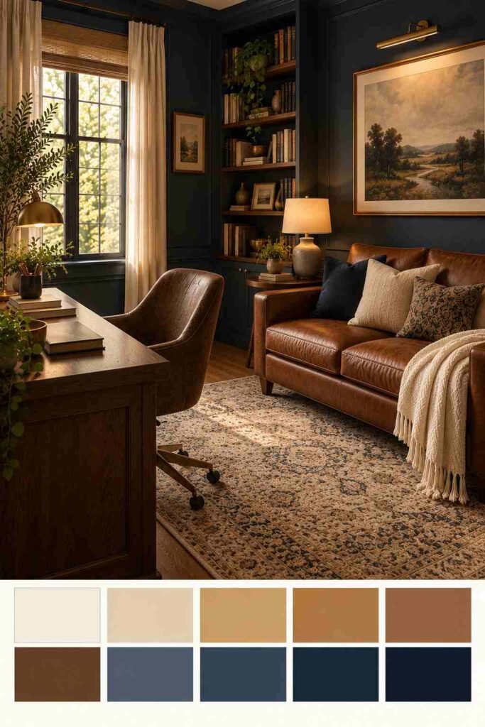 Moody navy home office with cognac leather couch and gold accents, with a ten-color palette strip below