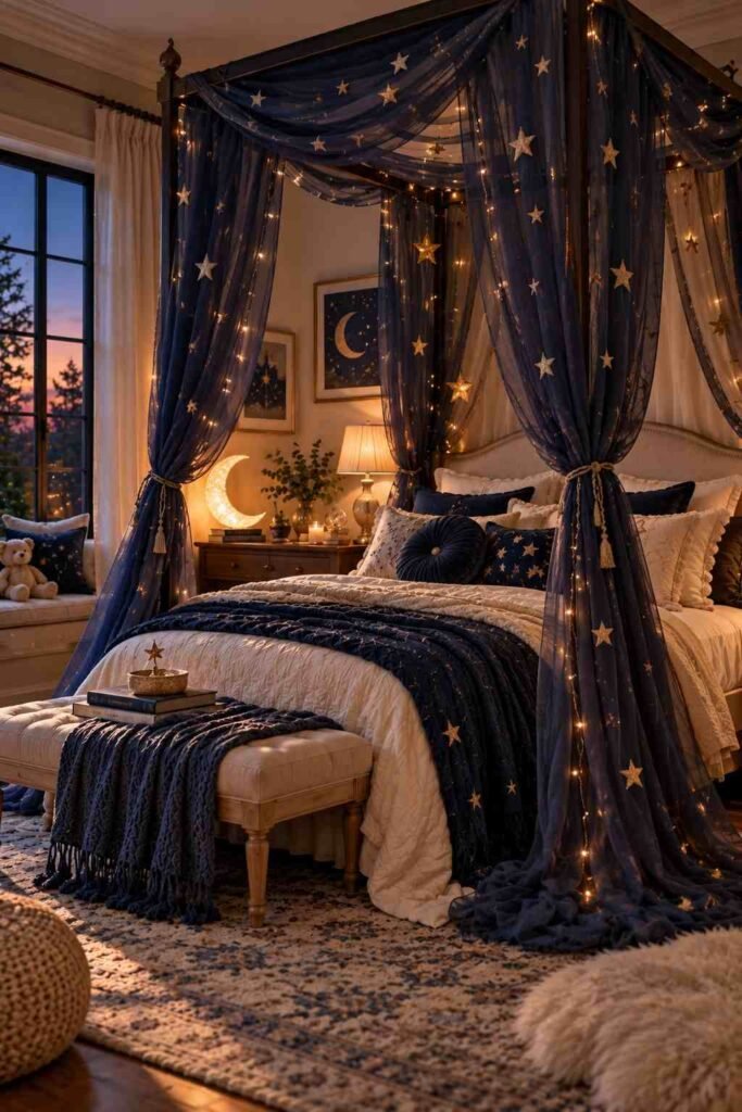 Dark blue canopy with metallic stars above a cozy bed at dusk