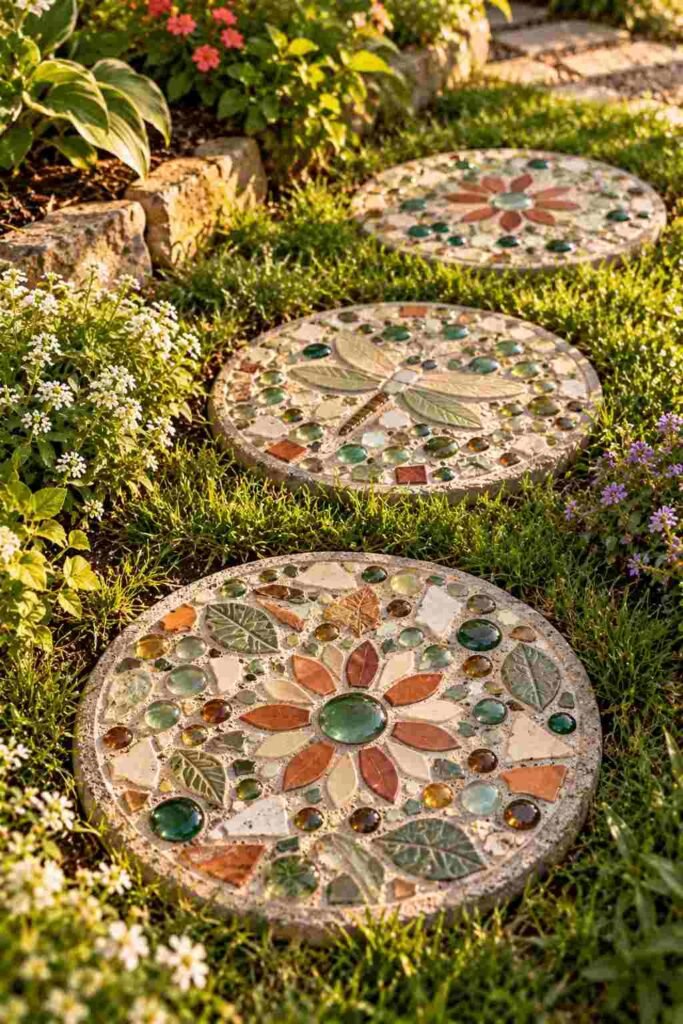 28 Budget-Friendly Outdoor Decorations DIY Garden Projects for Every Season 12 Round mosaic stepping stones with tile and glass pebbles forming a path through a lawn
