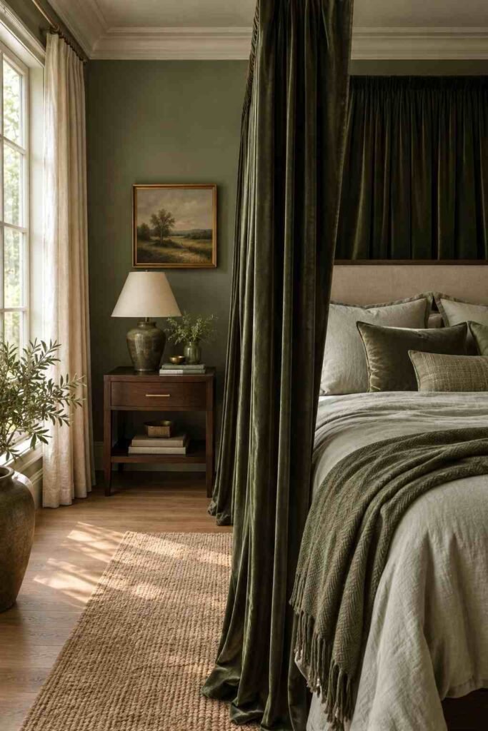 Moss green bedroom walls with evergreen canopy drapes and sage and olive bedding layers