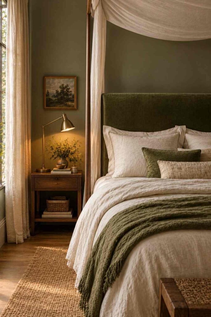 Moss green velvet headboard with slim posts and light linen canopy in a forest bedroom with canopy bed