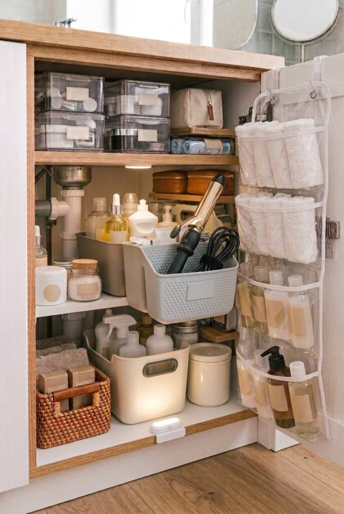 26 Bathroom Storage Ideas Under Sink for a Tidier, Roomier Vanity 19 Small motion light glowing inside an open sink cabinet