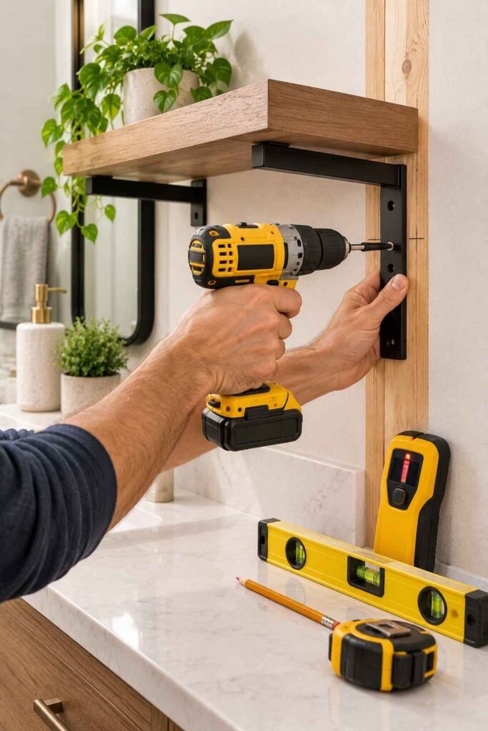 Installing a bathroom shelf bracket into a wall stud with a drill and level.