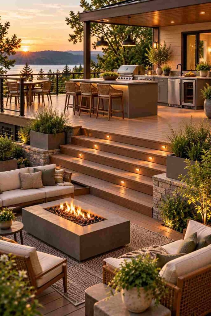 30 Outdoor Kitchen Ideas on Deck: Smart Layouts, Materials for Small, Mid-Size, and Large Spaces 18 Multi-level deck with a kitchen on the upper tier and seating on the lower tier.