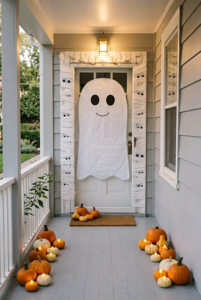 Walkway lined with glowing pumpkins leading to a mummy-wrapped door frame for a kids’ Halloween party.
