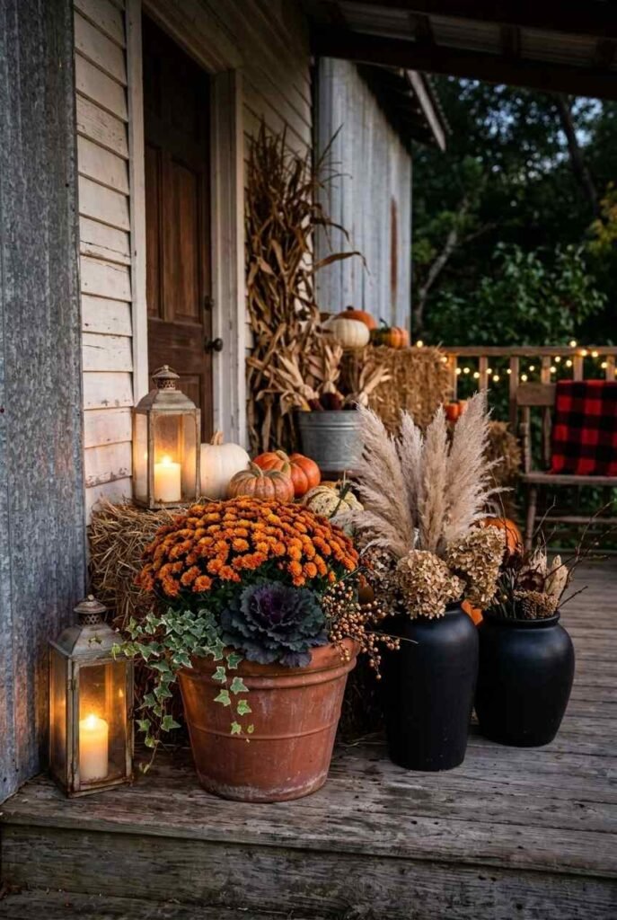 Planter of mums and ornamental kale beside black pots with pampas grass and dried hydrangea.