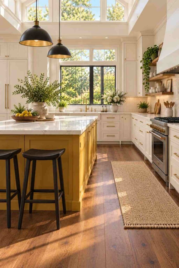 Mustard yellow kitchen island on a walnut wood floor with white cabinets