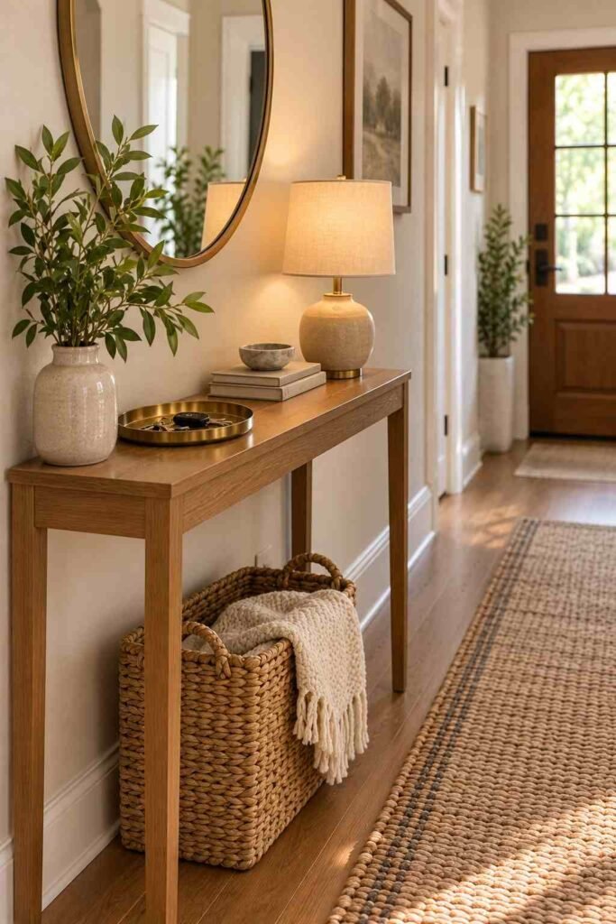 Narrow console table with key tray, lamp and basket in a slim hallway