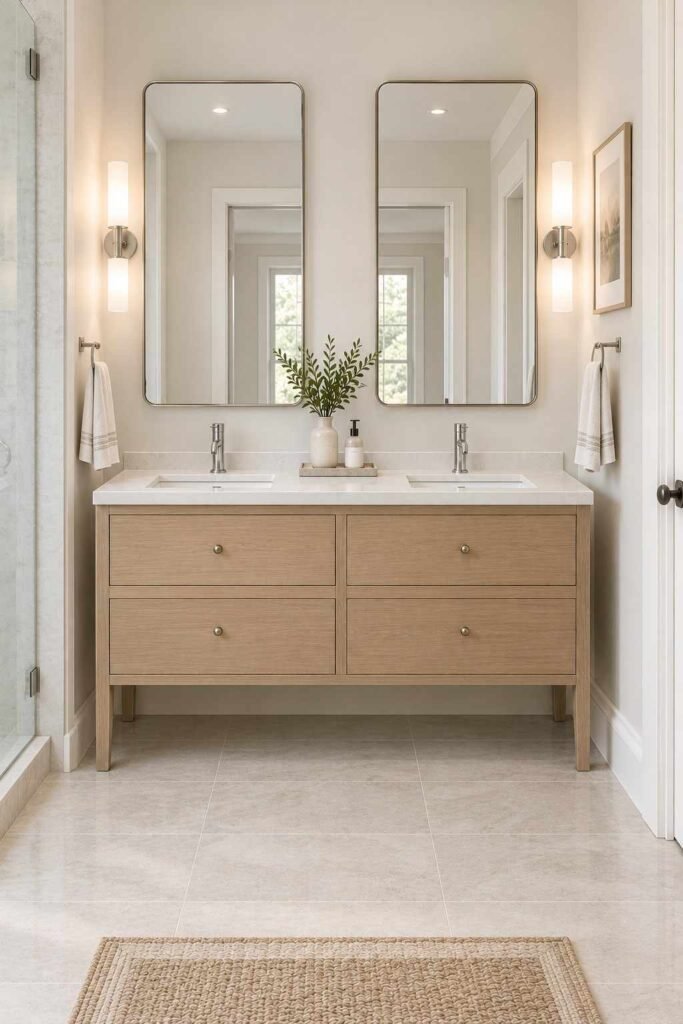 30 Bathroom Vanity Ideas For Double Sink Layouts for Every Style and Budget 11 Narrow-depth 60-inch double vanity in a small bathroom with two sinks and clear floor space.