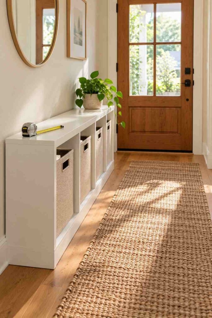 Slim white Kallax cube shelf in a narrow hallway beside a front door, with baskets and a measuring tape on top.