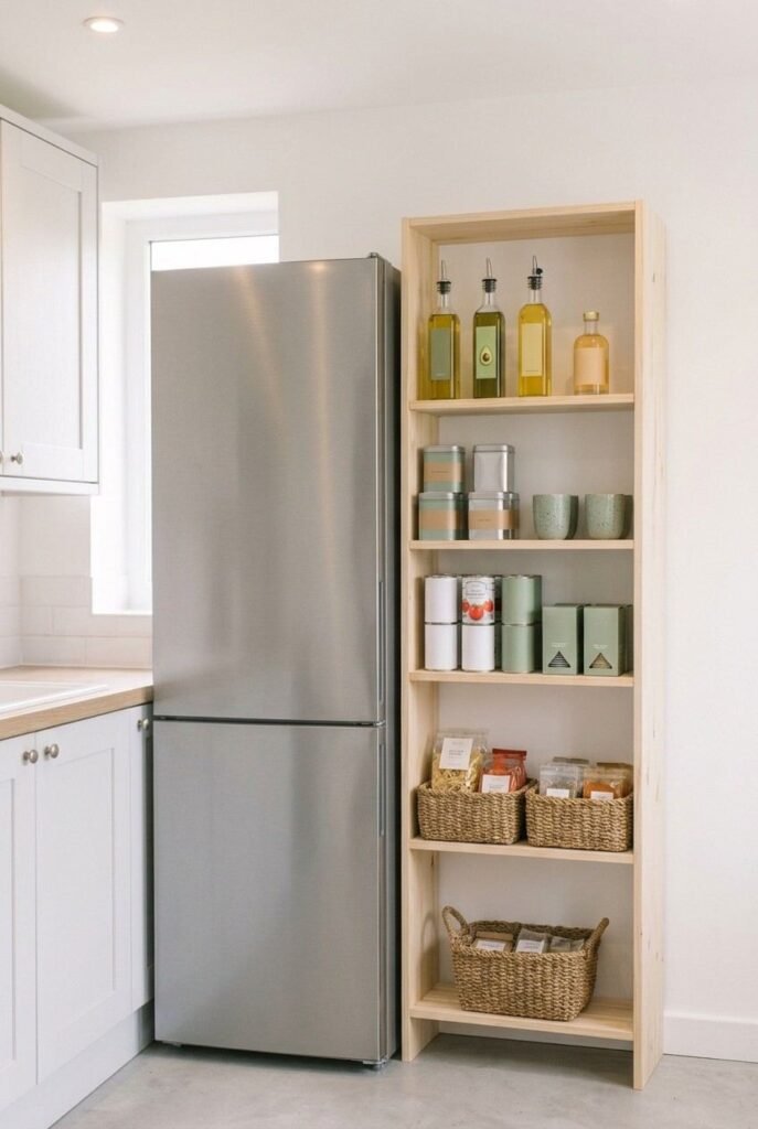Slim wood shelves in the narrow gap beside a refrigerator holding oils and tea tins