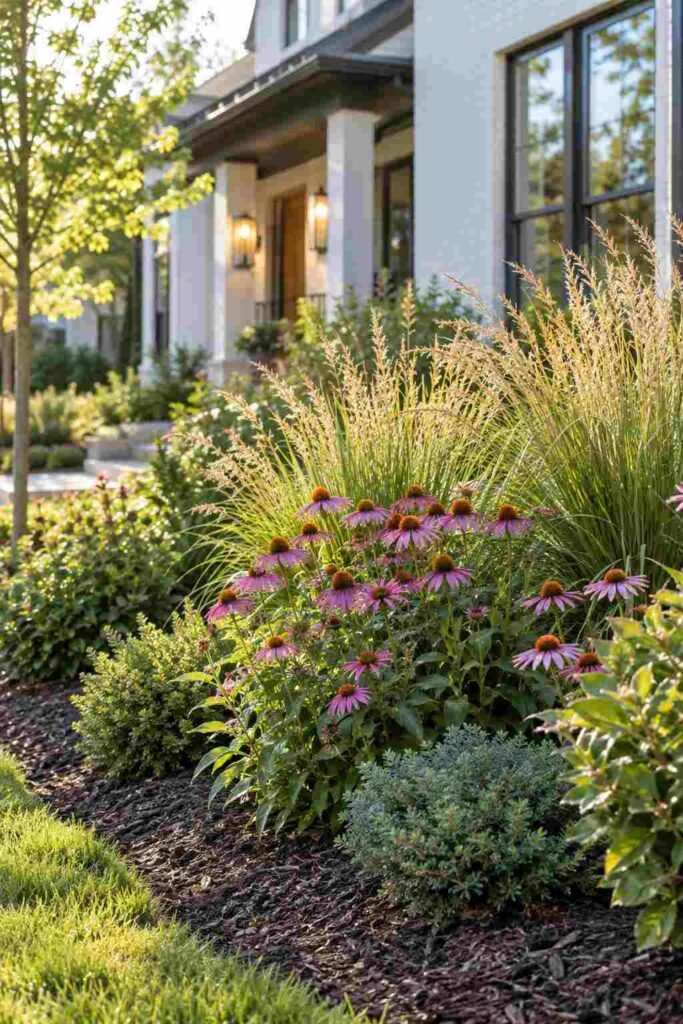 Native grasses and coneflowers in a front yard landscaping bed