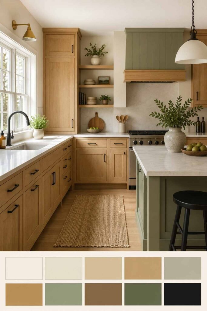 Oak Shaker kitchen cabinets with black hardware and a ten-swatch color palette strip across the bottom