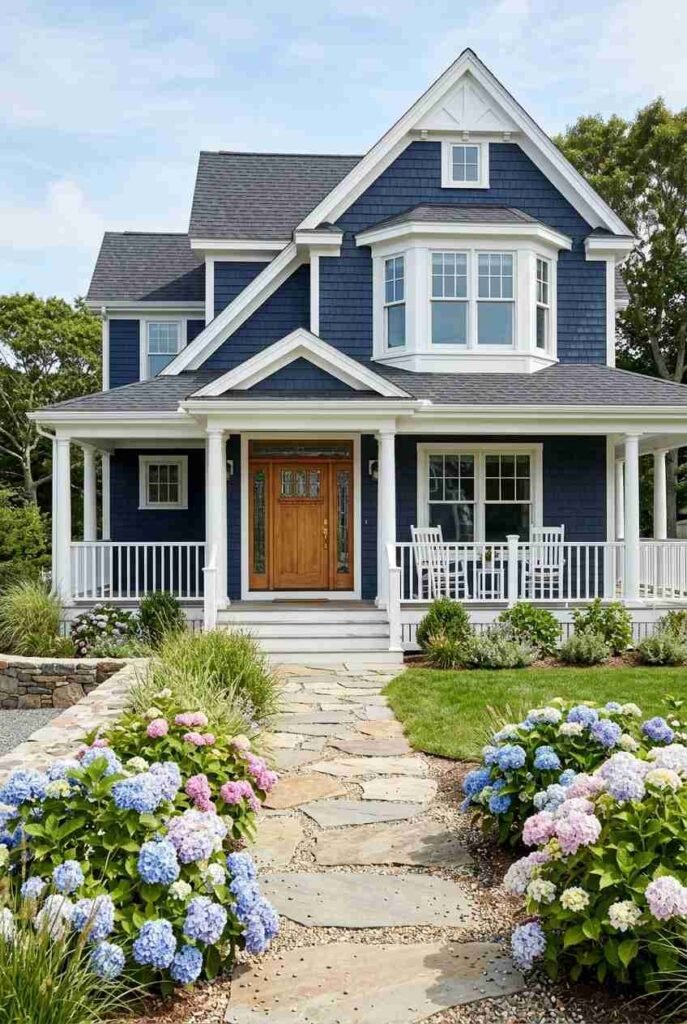 Navy blue shingle-style house with white trim, wood door, and hydrangeas