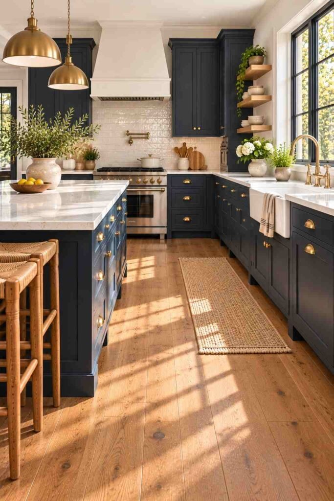 Navy blue kitchen cabinets with honey oak floors and brass pulls