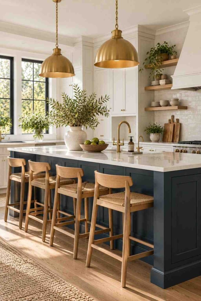 White kitchen with a navy blue island, brass pendants, and oak stools